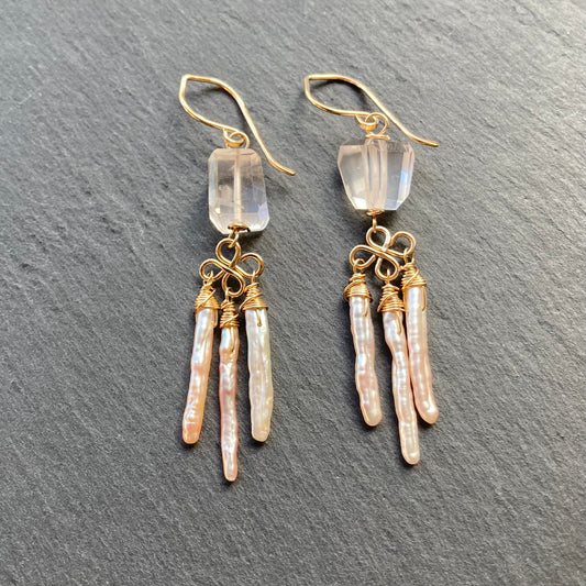 Angel Pink Biwa Pearl, Rose Quartz & Gold Fringe Earrings