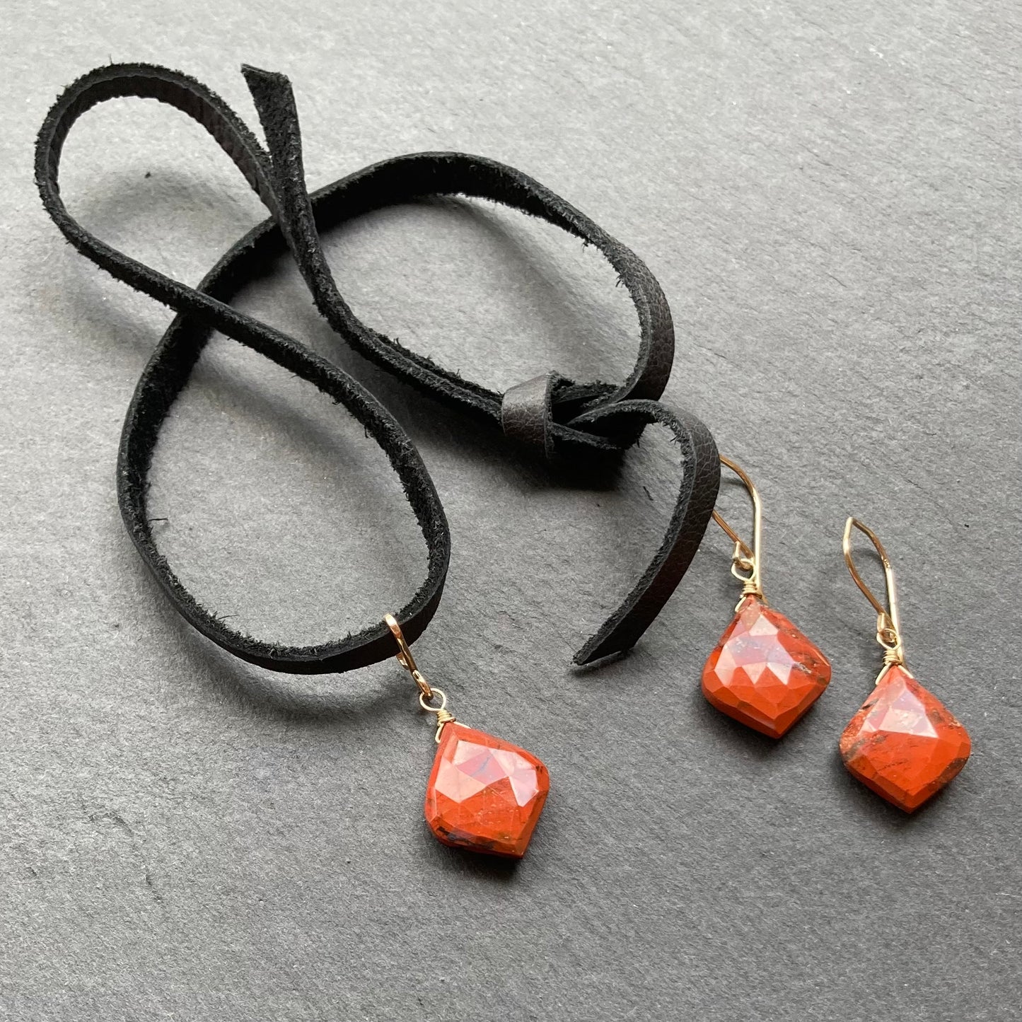 Red Jasper & Gold Deertan Leather Choker