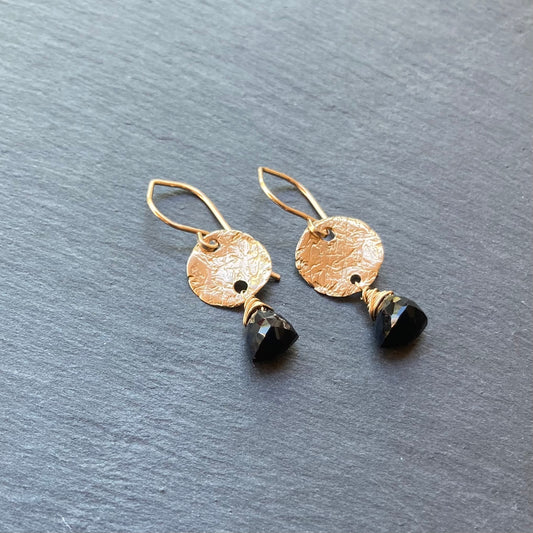 Black Onyx, Gold & Bronze Textured Coin Earrings