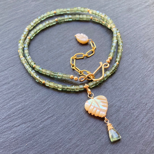 Mother of Pearl, Green Apatite & Gold Palm Heart Necklace