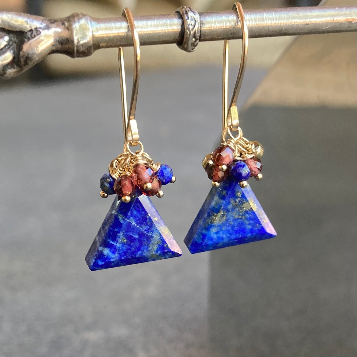 Lapis, Mozambique Garnet, Pyrite & Gold Triangle Cluster Earrings