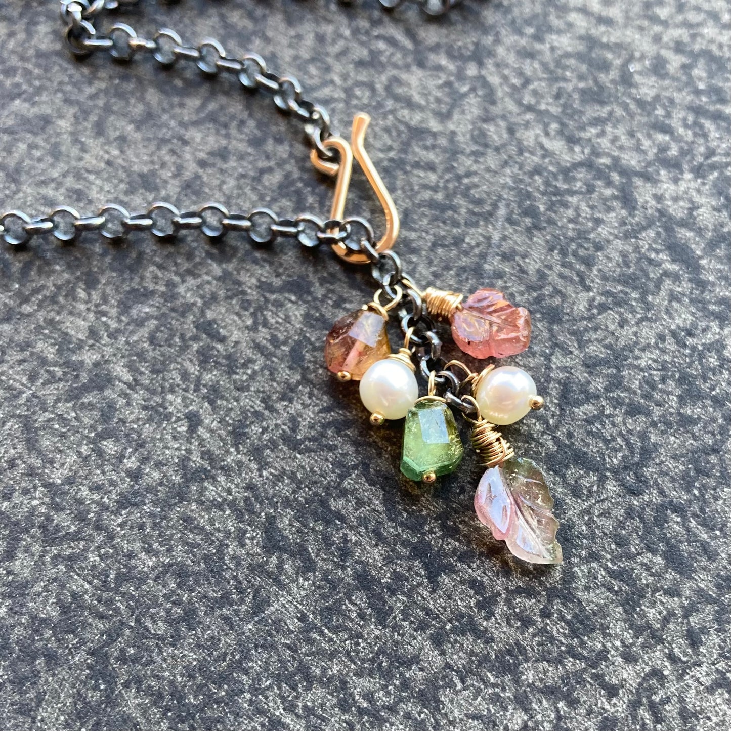 Watermelon Tourmaline, Freshwater Pearl & Mixed Metal Leaf Lariat Necklace