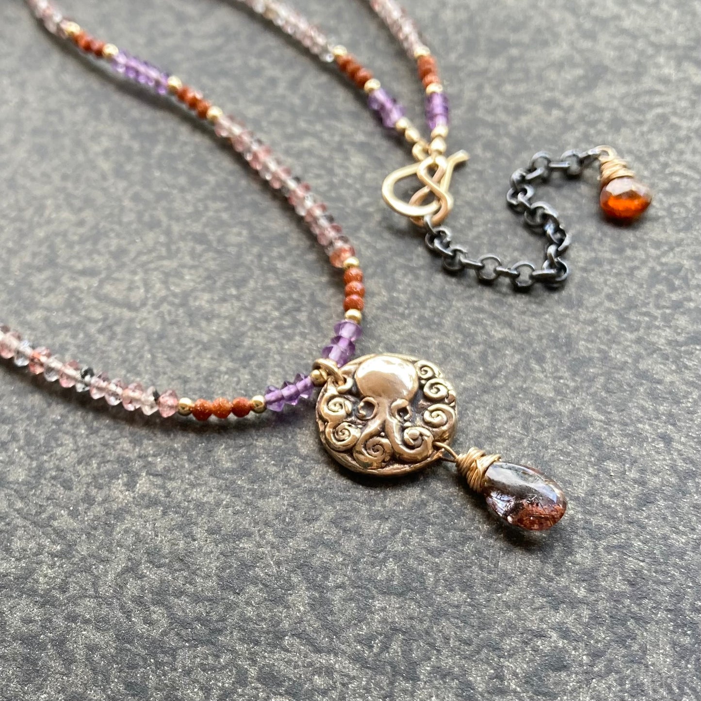 Cacoxenite, Amethyst & Mixed Metal Kraken Coin Necklace