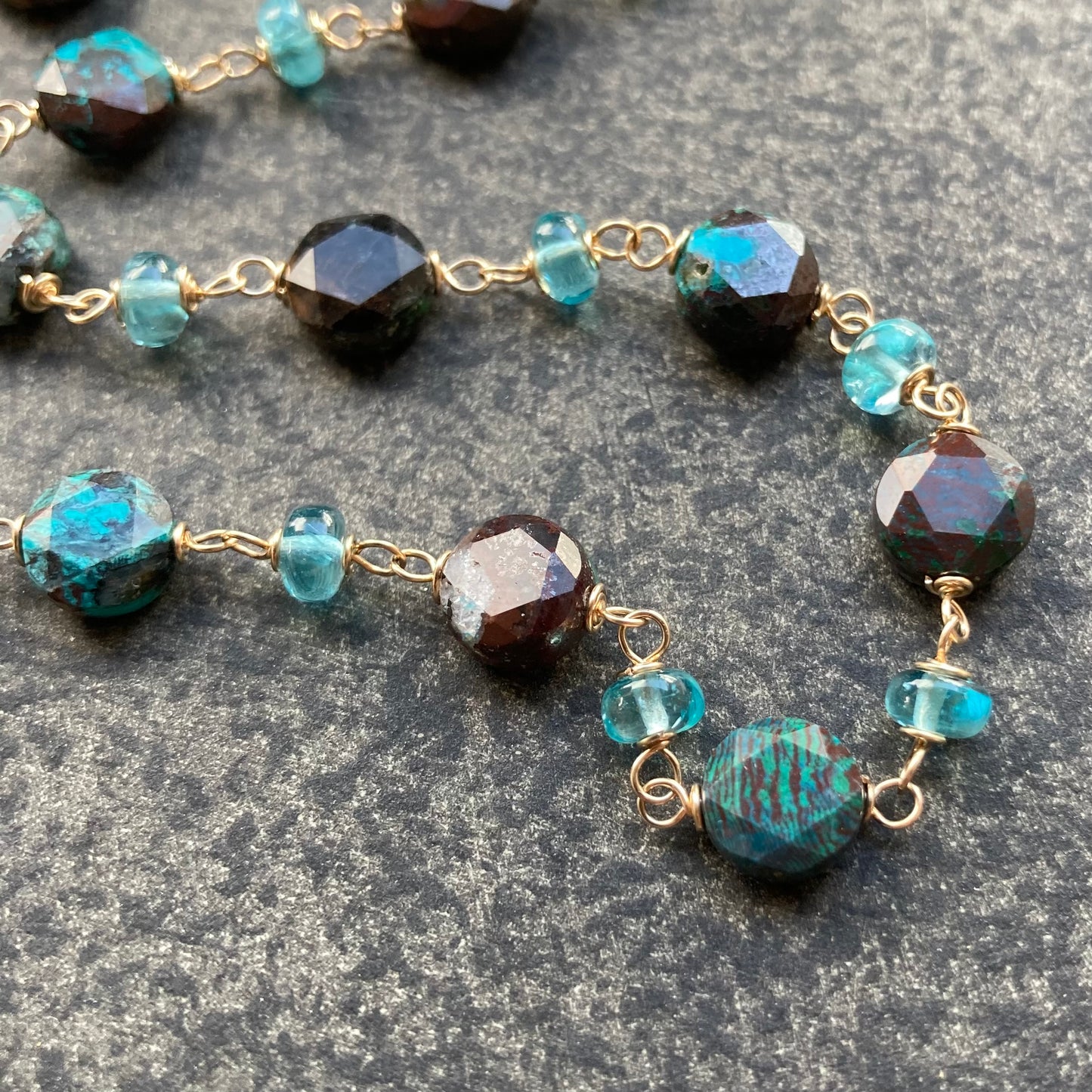 Shattuckite, Sky Blue Apatite & Gold Necklace