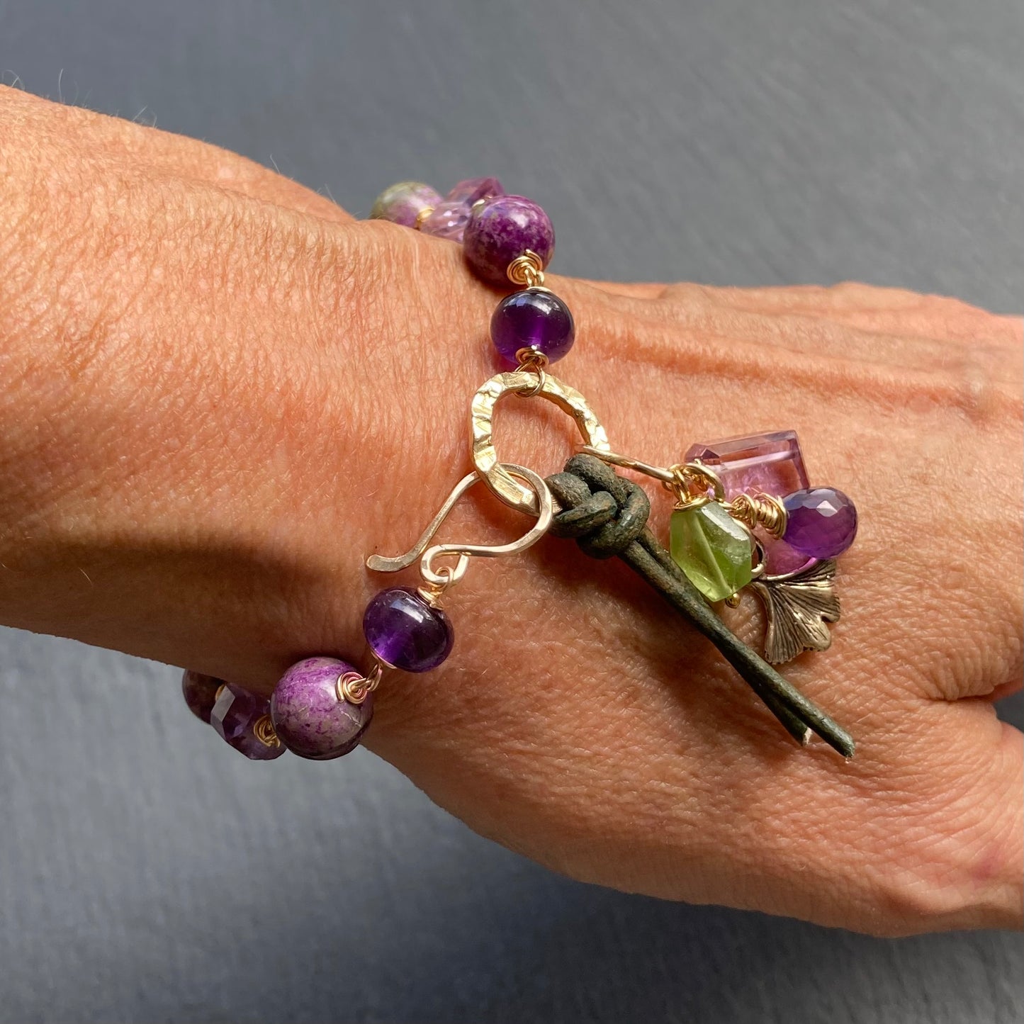 Atlantisite Stichtite, Amethyst & Gold Charm Bracelet