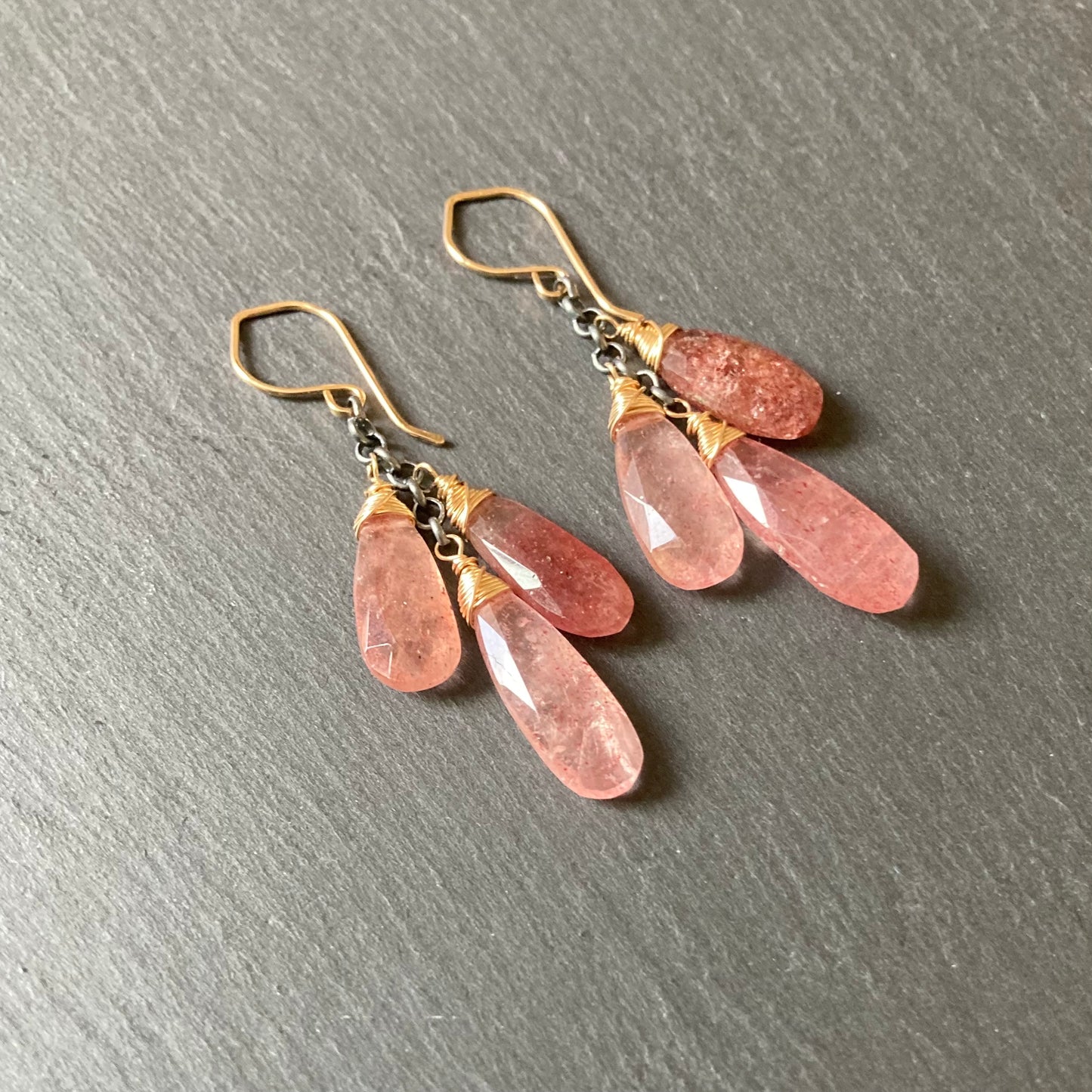 Strawberry Quartz & Mixed Metal Cascade Earrings
