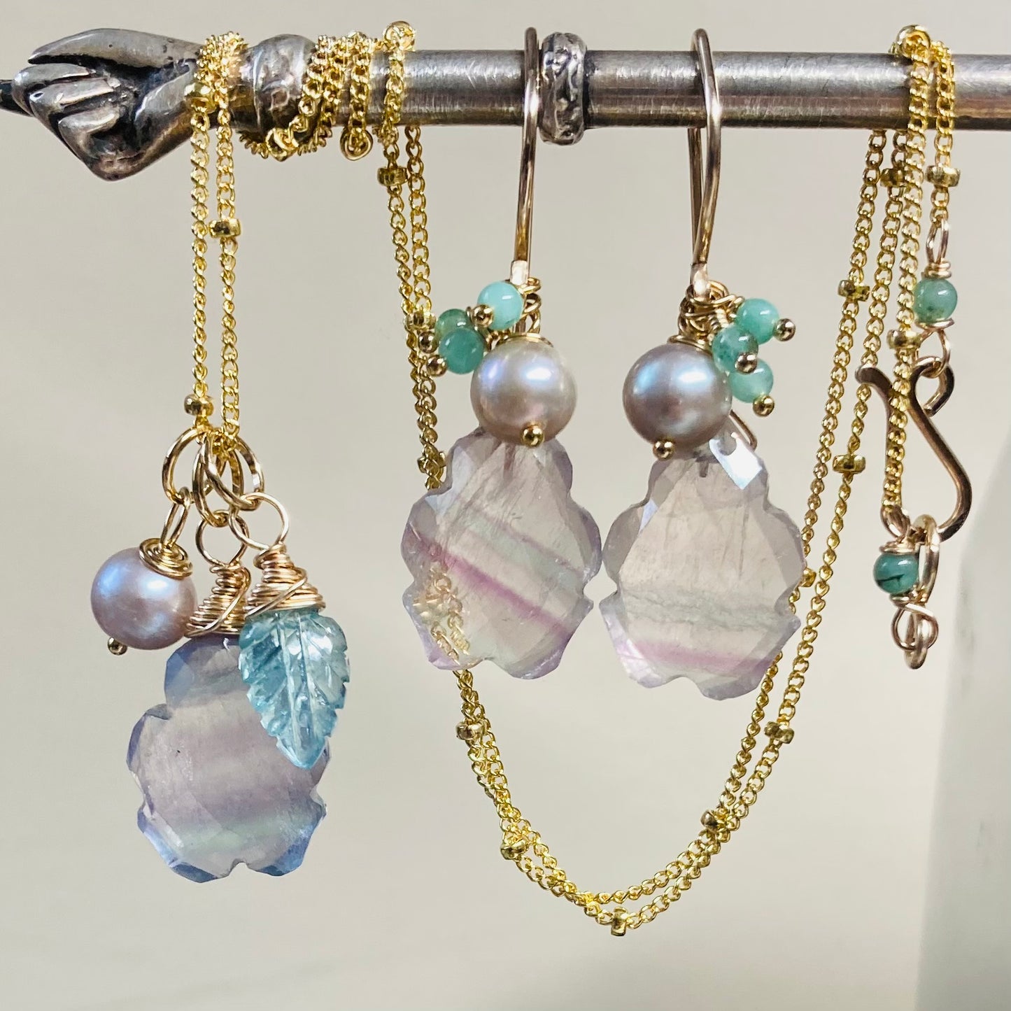 Rainbow Fluorite, Emerald, Pearl & Gold Charm Necklace