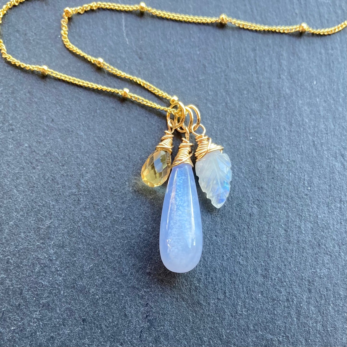 Blue Lace Agate, Rainbow Moonstone, Citrine & Gold Charm Necklace