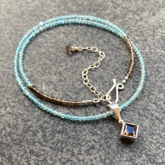 Sky Blue Apatite & Vintage Sterling Silver Smoky Quartz Pendant Choker