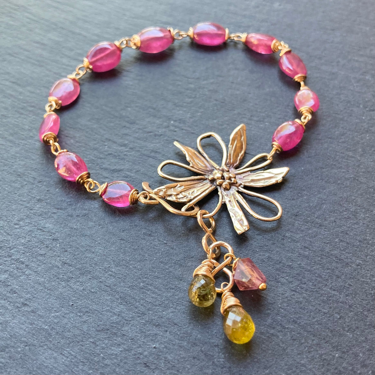 Pink Sapphire, Petro Tourmaline, Gold & Bronze Flower Link Bracelet