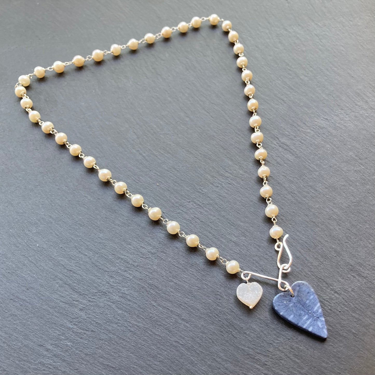Freshwater Pearl, Sterling Silver & Blue Coral Heart Pendant Necklace