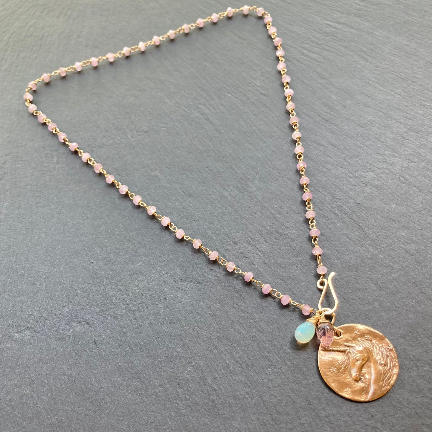 Kunzite, Gold & Bronze Unicorn Coin Necklace