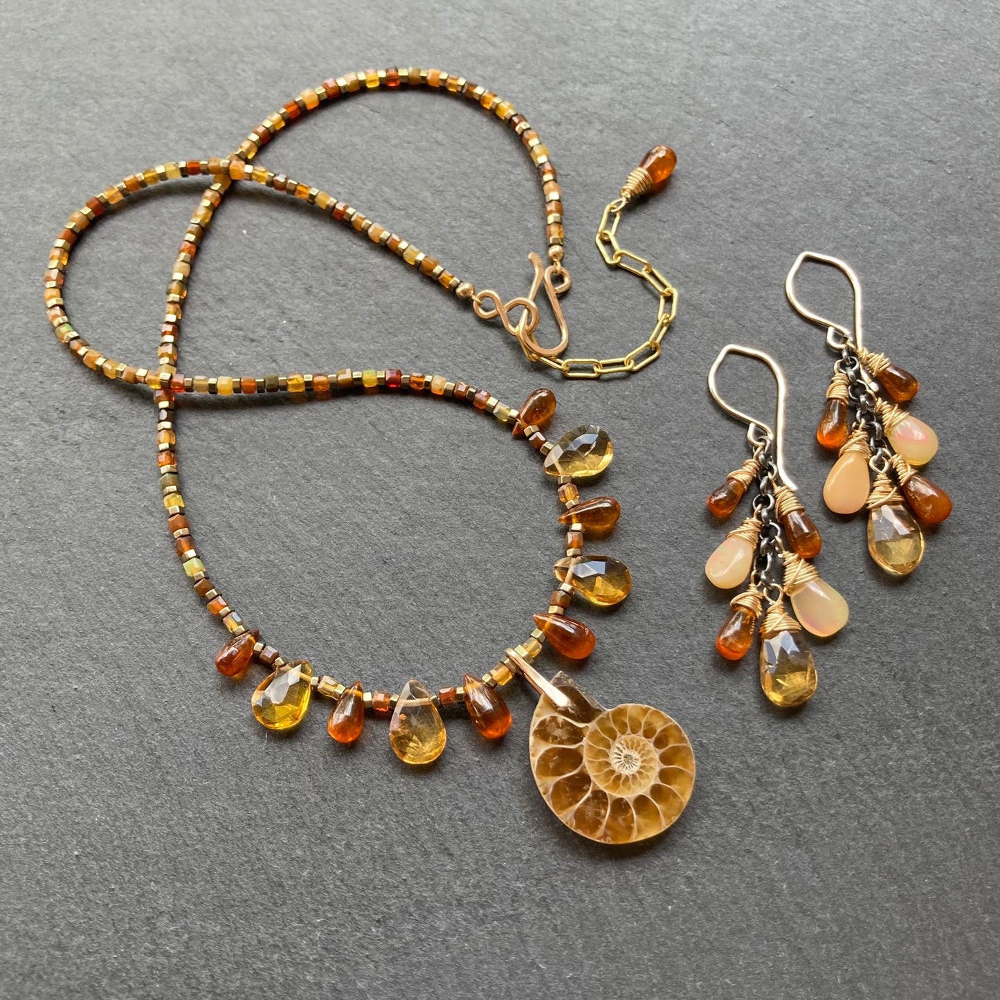 Australian Fire Opal & Ammonite Charm Choker