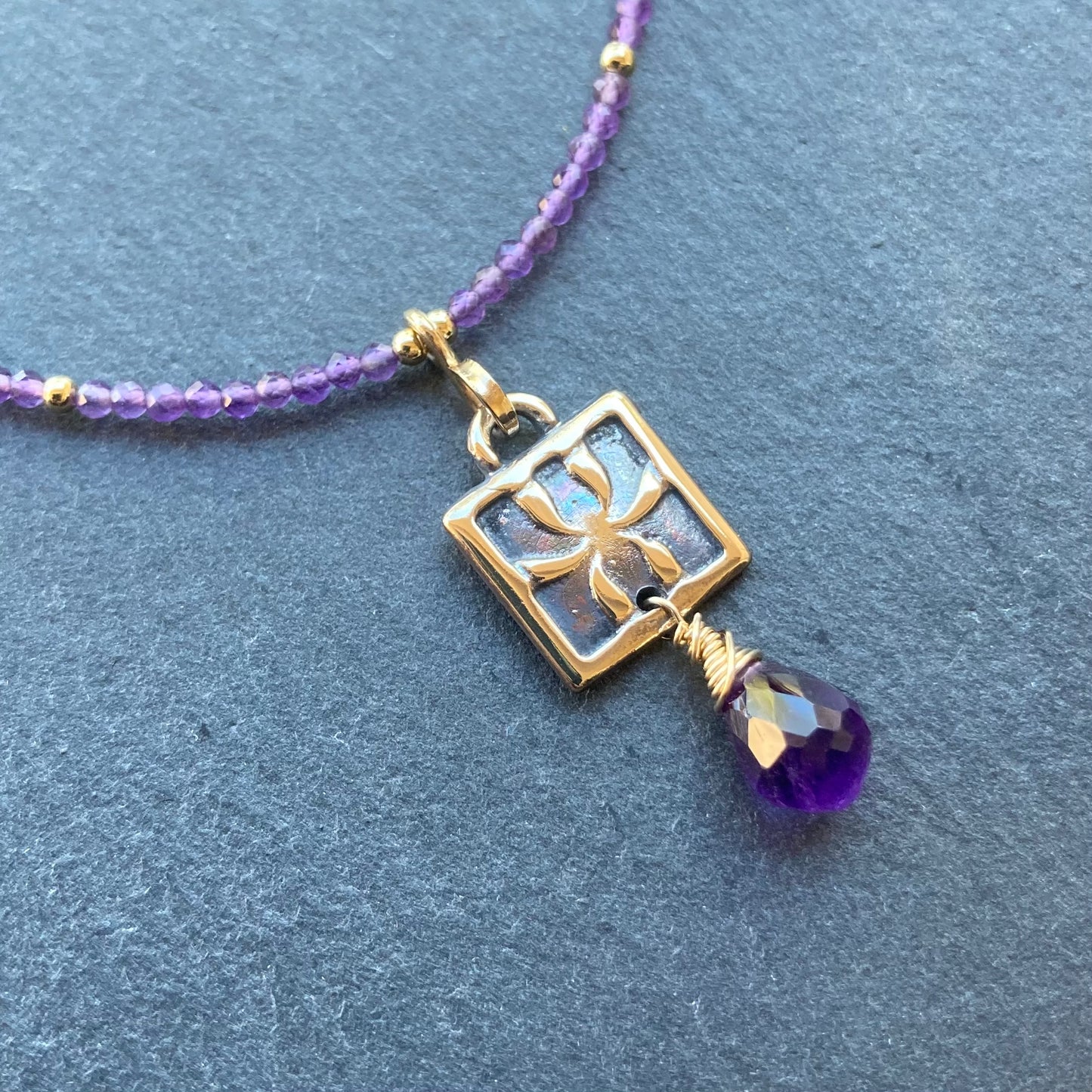 Amethyst, Gold & Bronze Iris Pendant Necklace