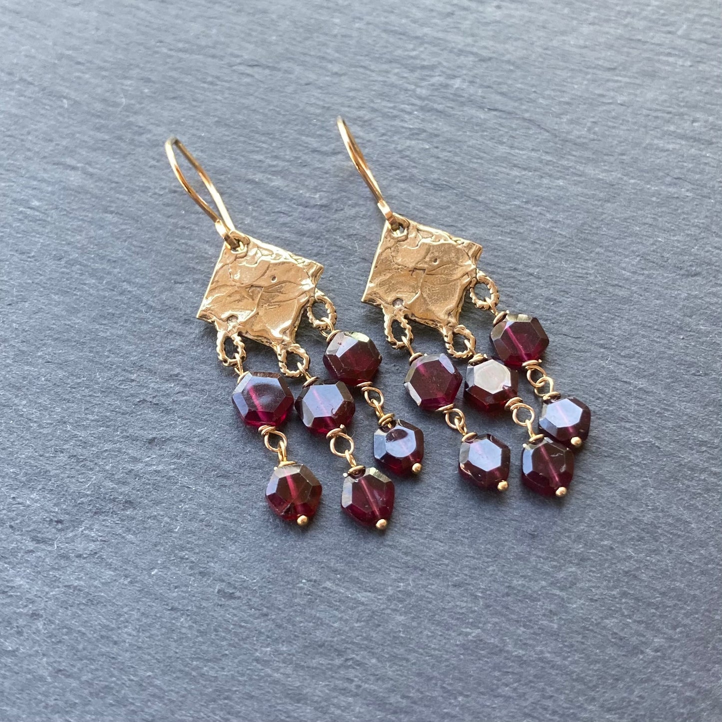 Rhodolite Garnet, Gold & Bronze Fringe Earrings