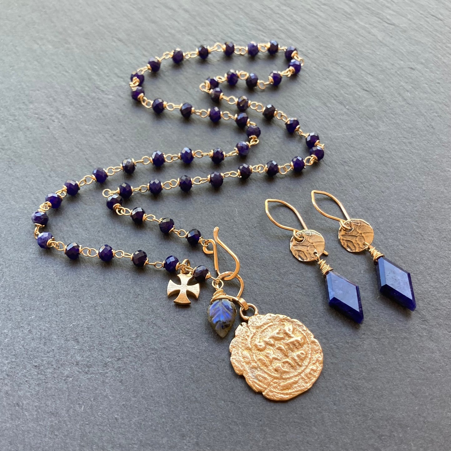 Sodalite, Gold & Bronze Medieval Coin Charm Necklace