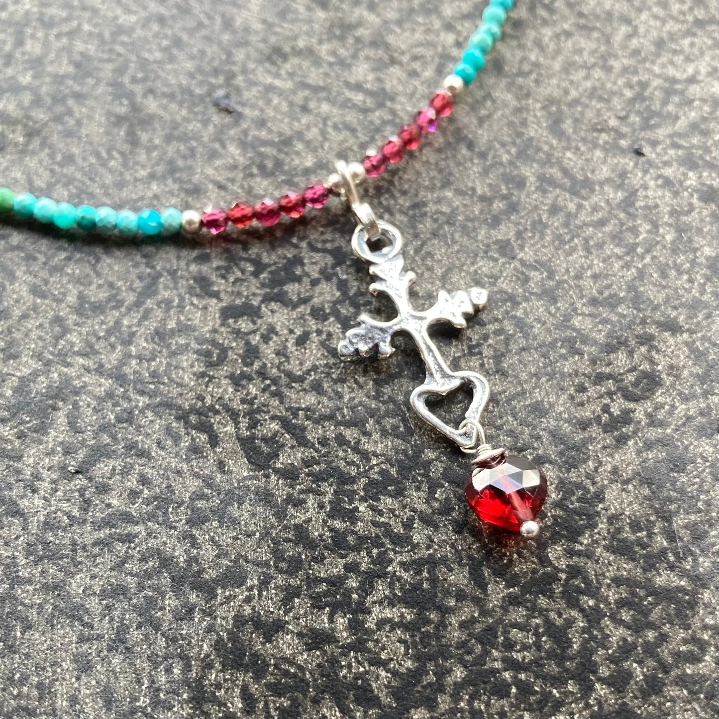 Arizona Turquoise, Mozambique Garnet & Sterling Silver Sacred Heart Cross Necklace