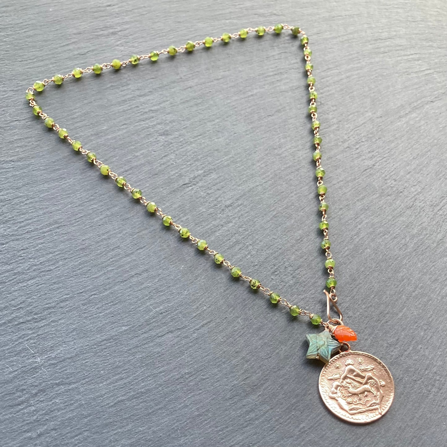 Nephrite Jade, Rose Gold & Bronze Tibetan Snow Lion Coin Necklace