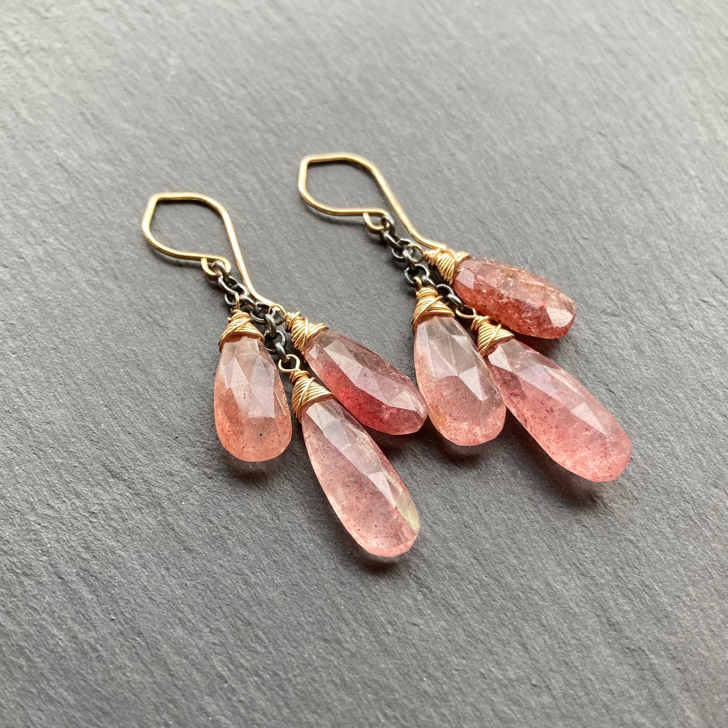 Strawberry Quartz & Mixed Metal Cascade Earrings