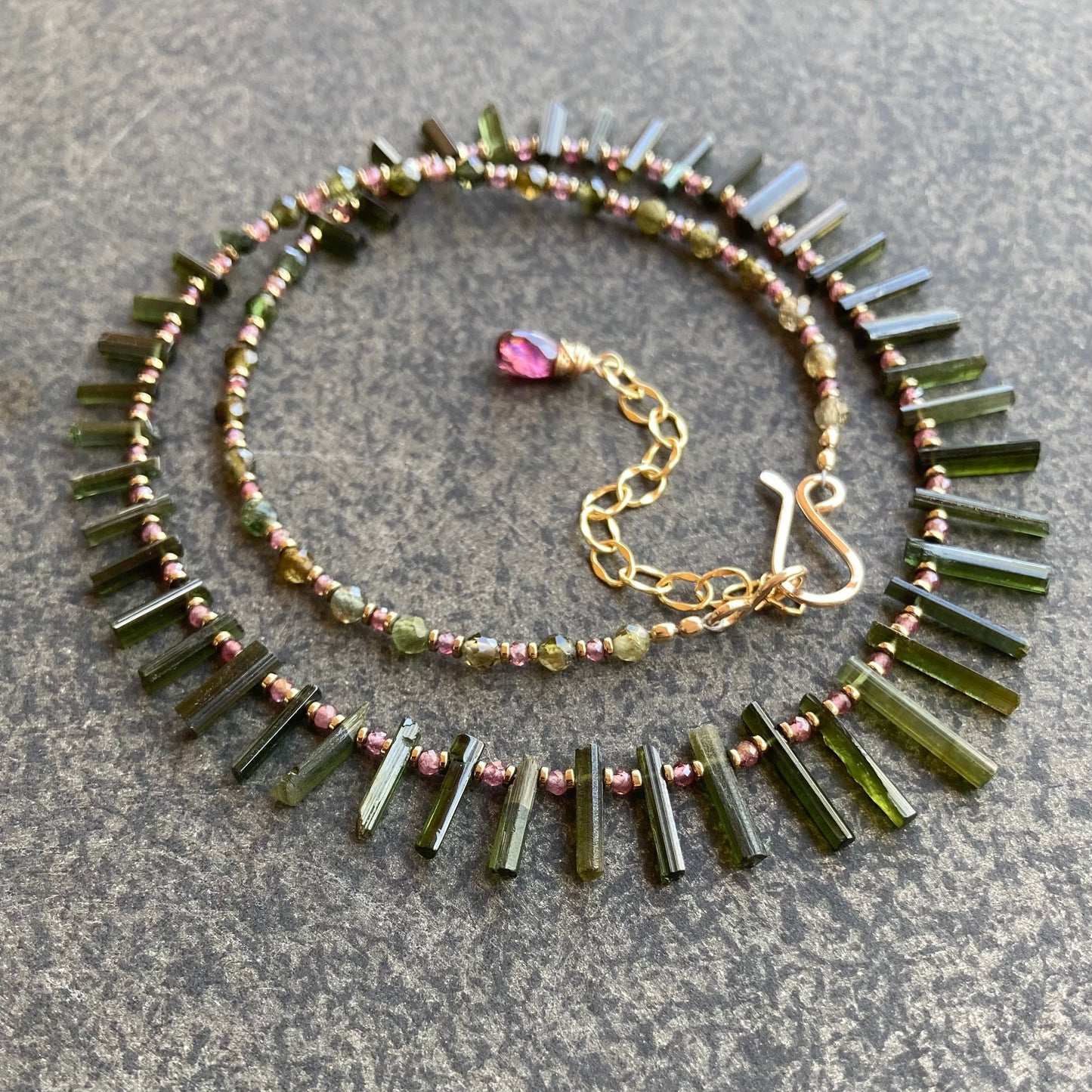 Raw Green Tourmaline, Rhodolite Garnet & Pyrite Choker