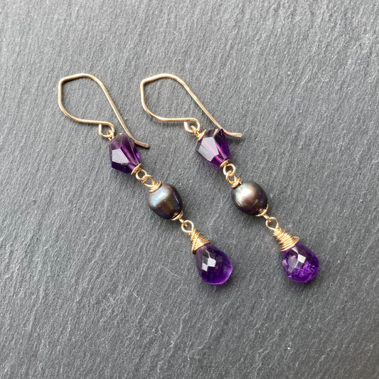 Amethyst, Peacock Pearl & Gold Earrings