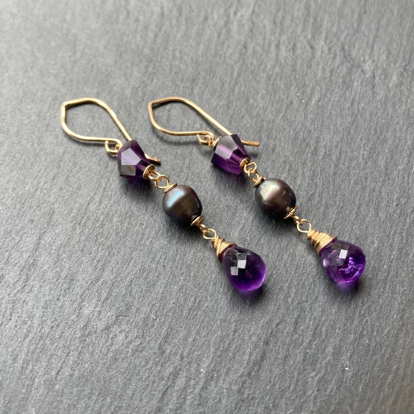 Amethyst, Peacock Pearl & Gold Earrings