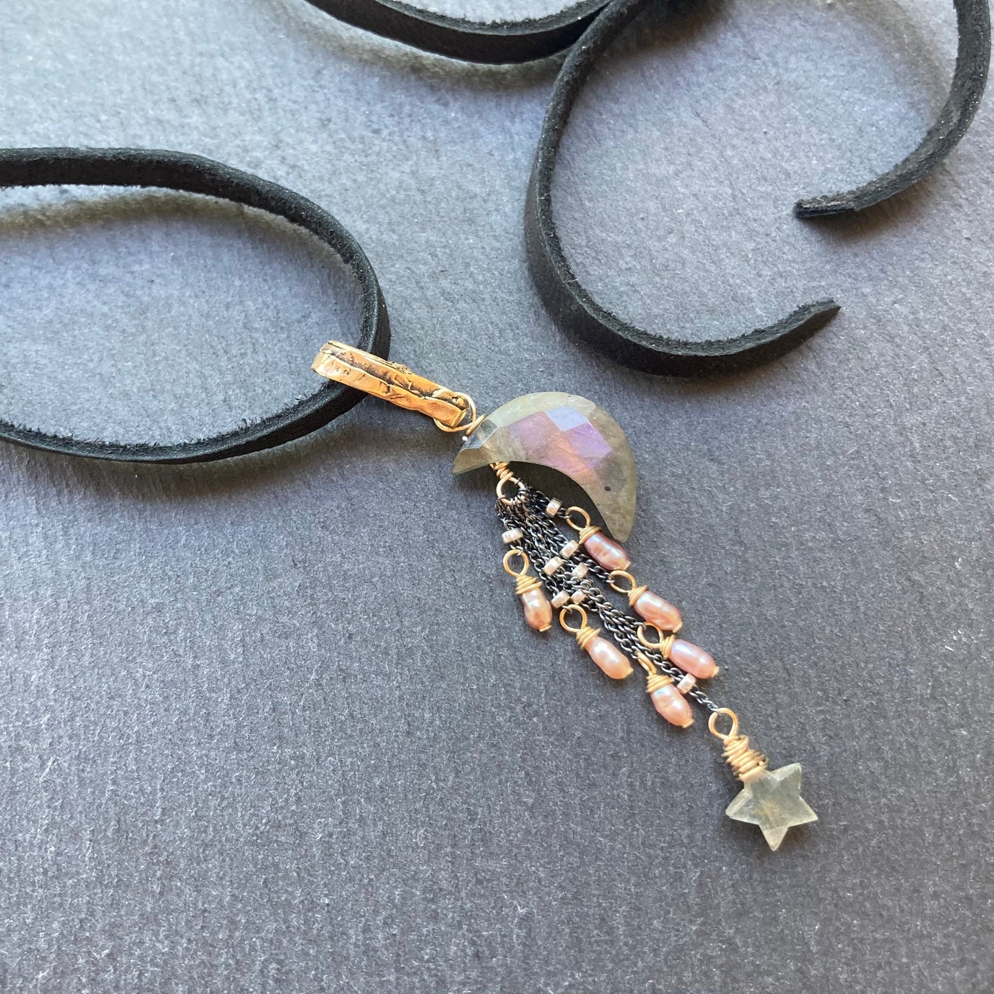 Labradorite, Mauve Pearl & Mixed Metal Falling Star Deerskin Leather Choker
