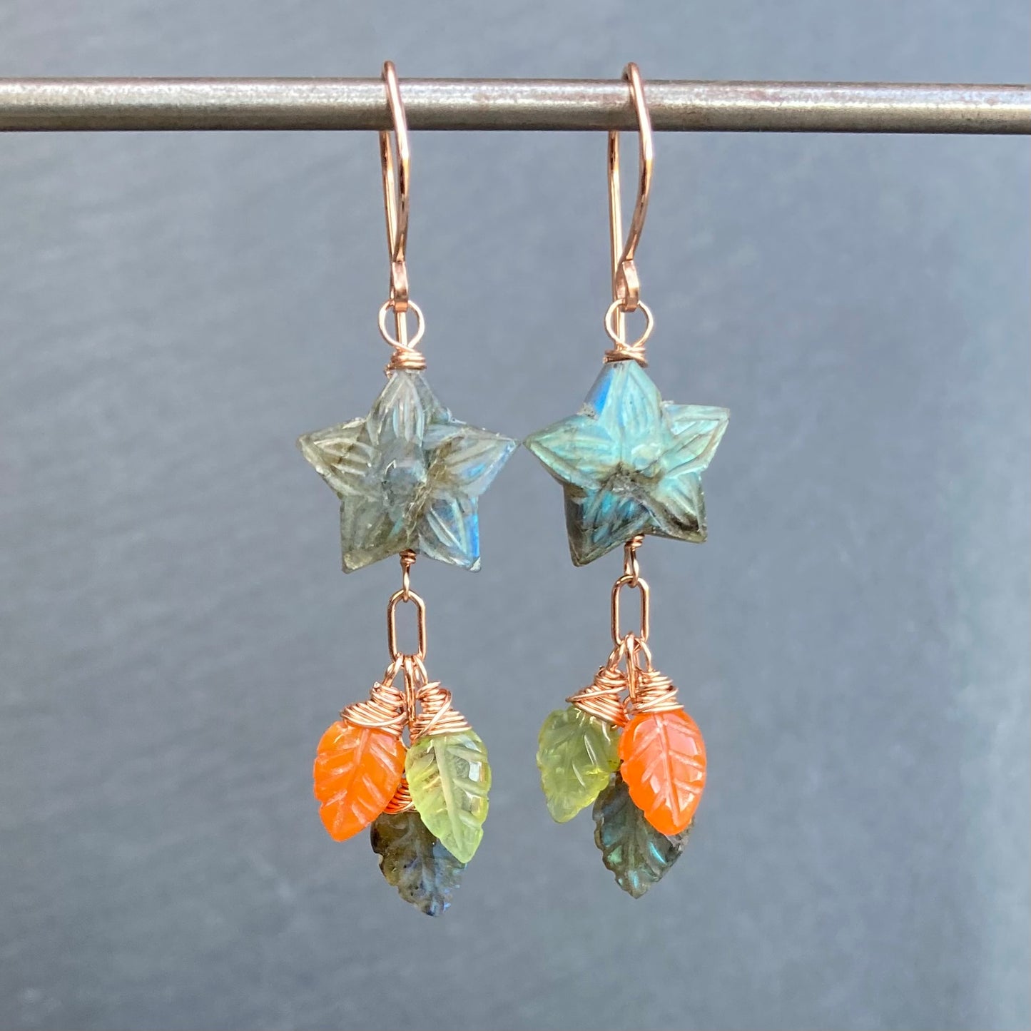 Labradorite & Rose Gold Star Flower Earrings