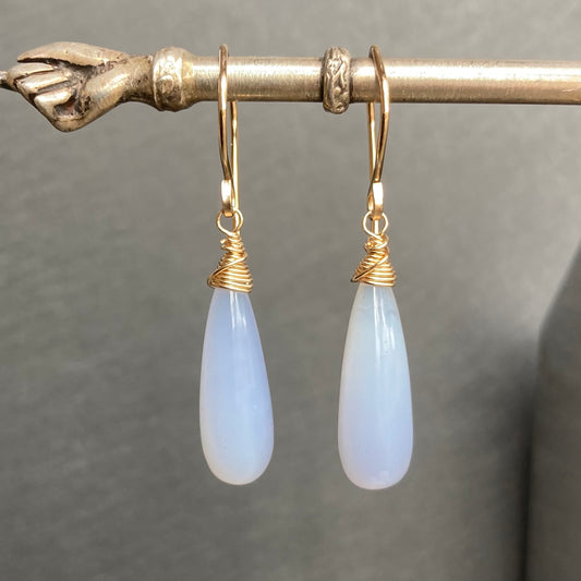 Blue Lace Agate & Gold Long Drop Earrings