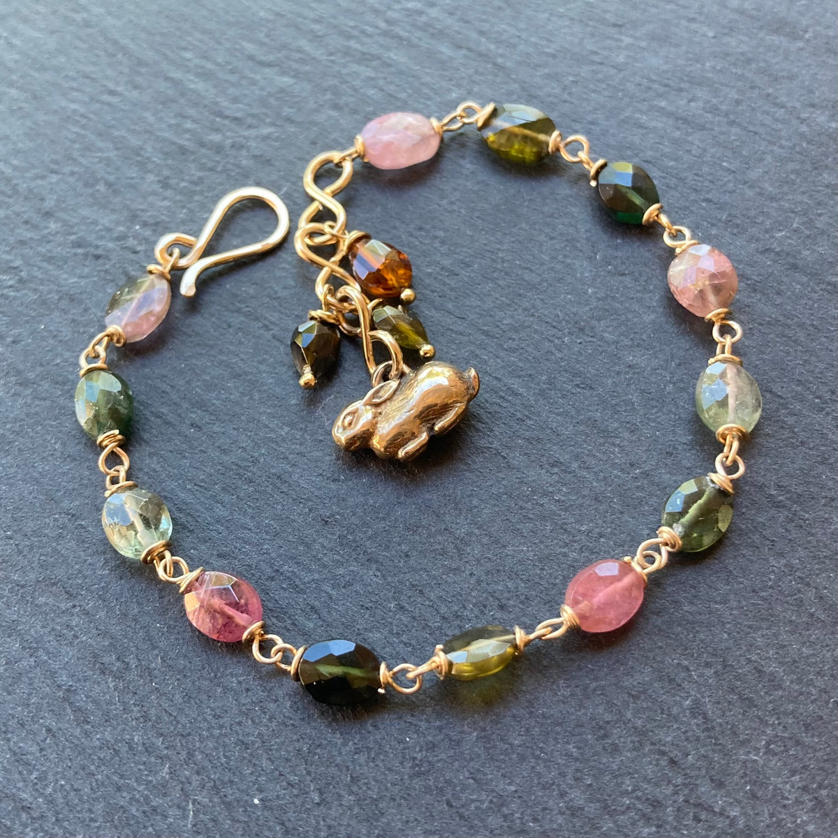 Tourmaline, Gold & Bronze Bunny Charm Bracelet