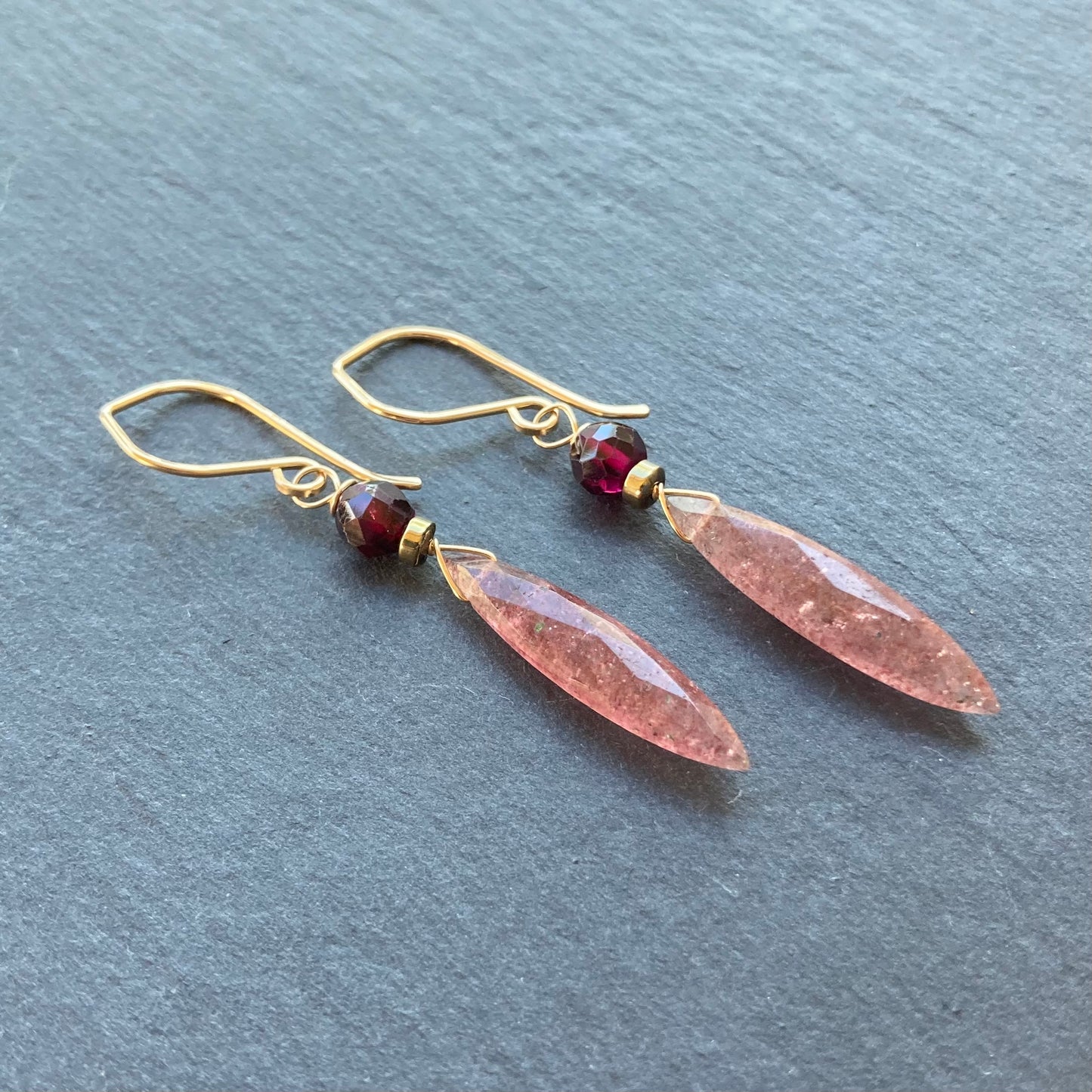 Strawberry Quartz, Rhodolite Garnet & Gold Earrings