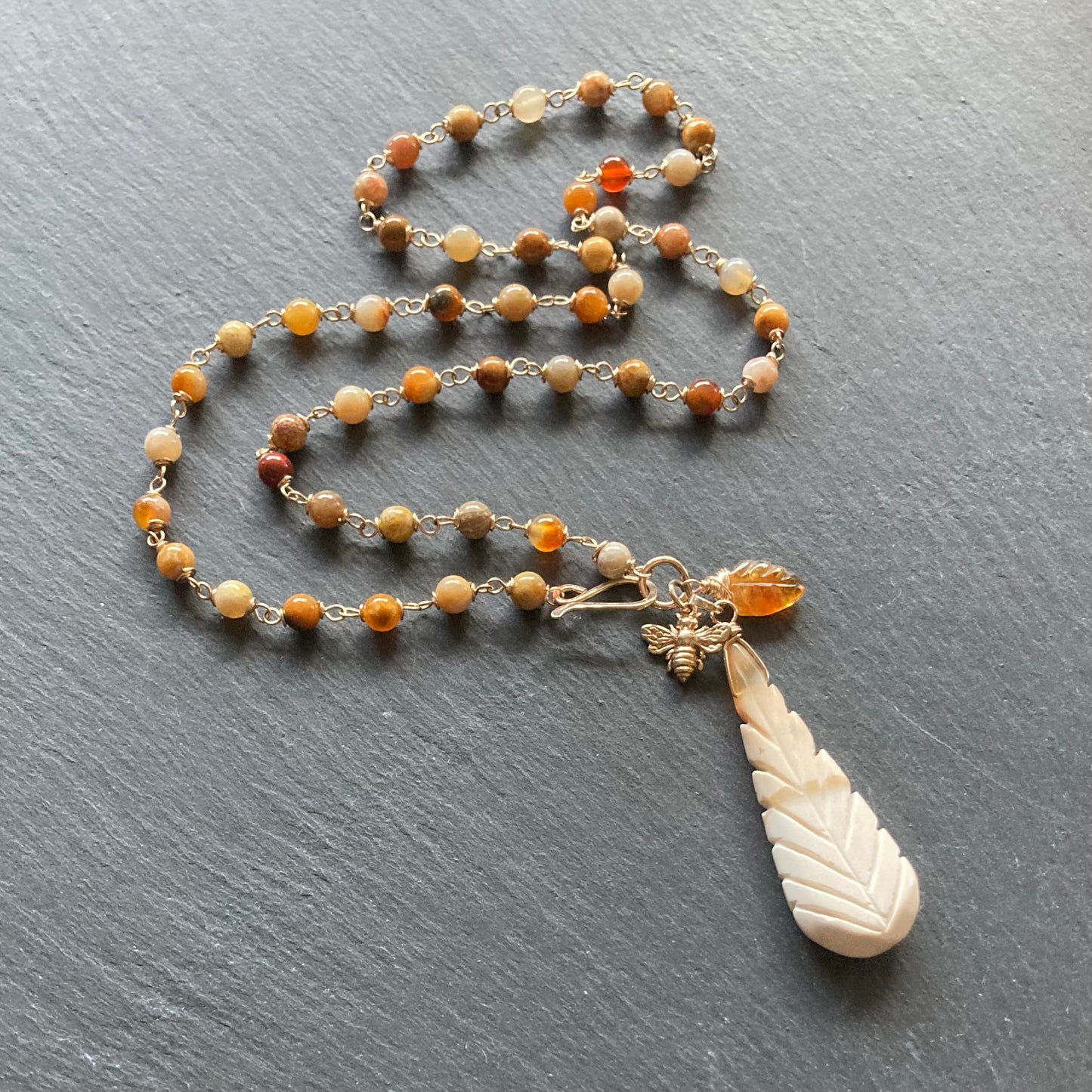 Fossil Coral, Dendritic Opal & Gold Nectar Pendant Necklace