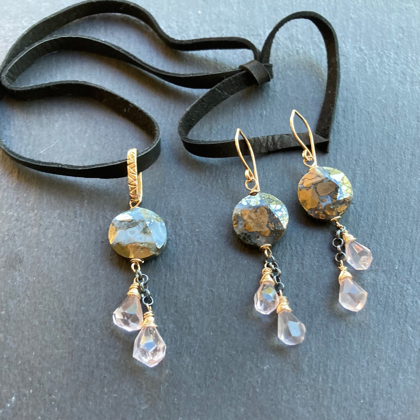 Nipomo Marcasite in Agate, Rose Quartz & Mixed Metal Deertan Leather Choker