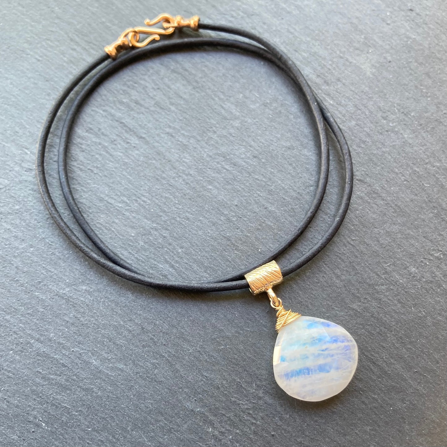 Rainbow Moonstone & Bronze Leather Choker