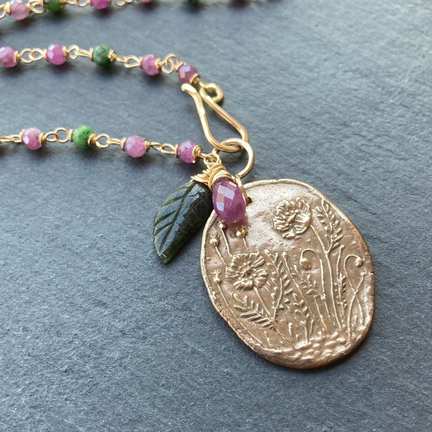Ruby Zoisite, Gold & Bronze Poppy Garden Pendant Necklace