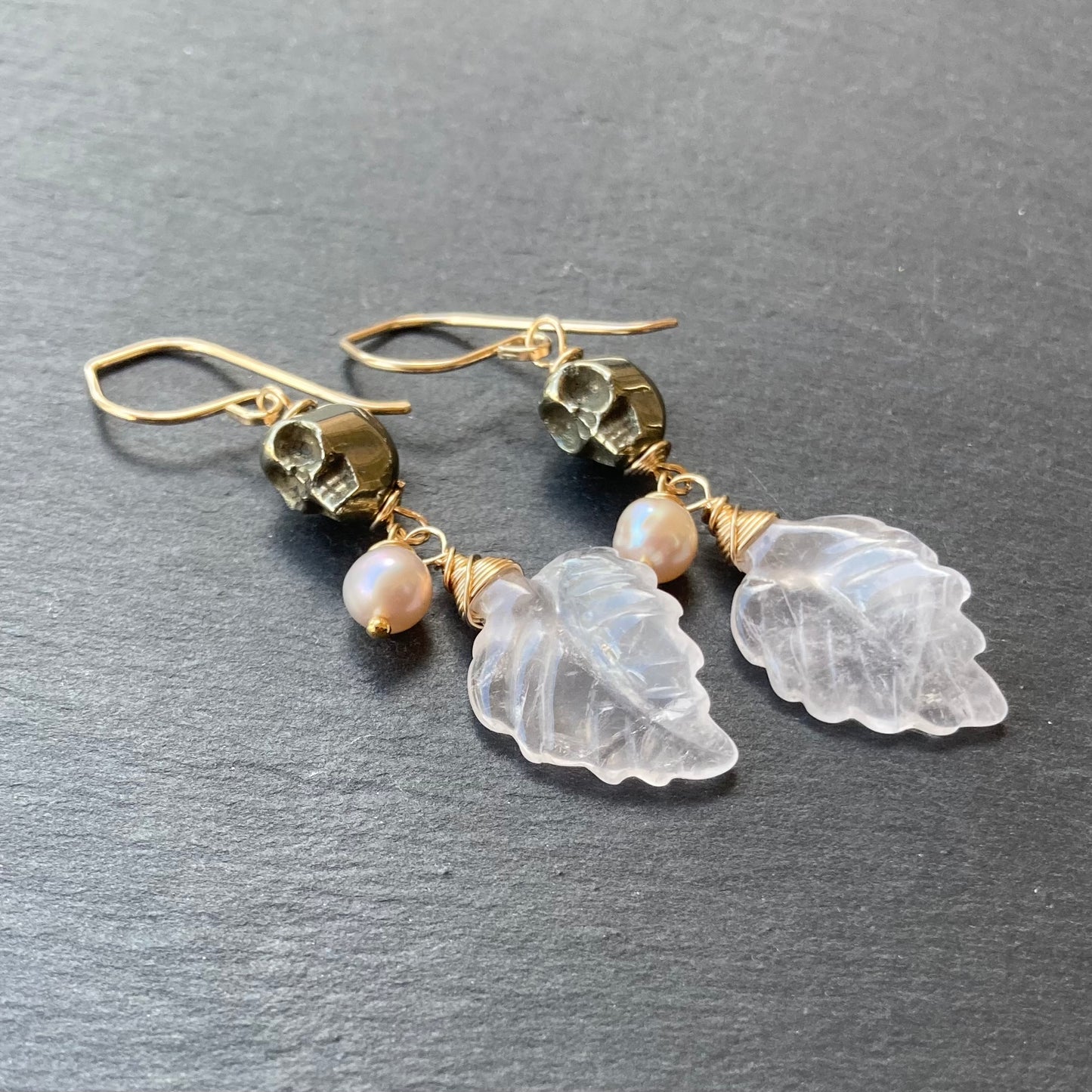 Rose Quartz, Pyrite & Gold Calavera Earrings