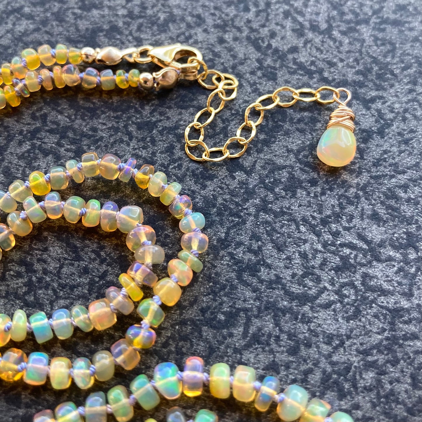 Ethiopian Golden Opal Hand Knotted Lilac Silk Necklace