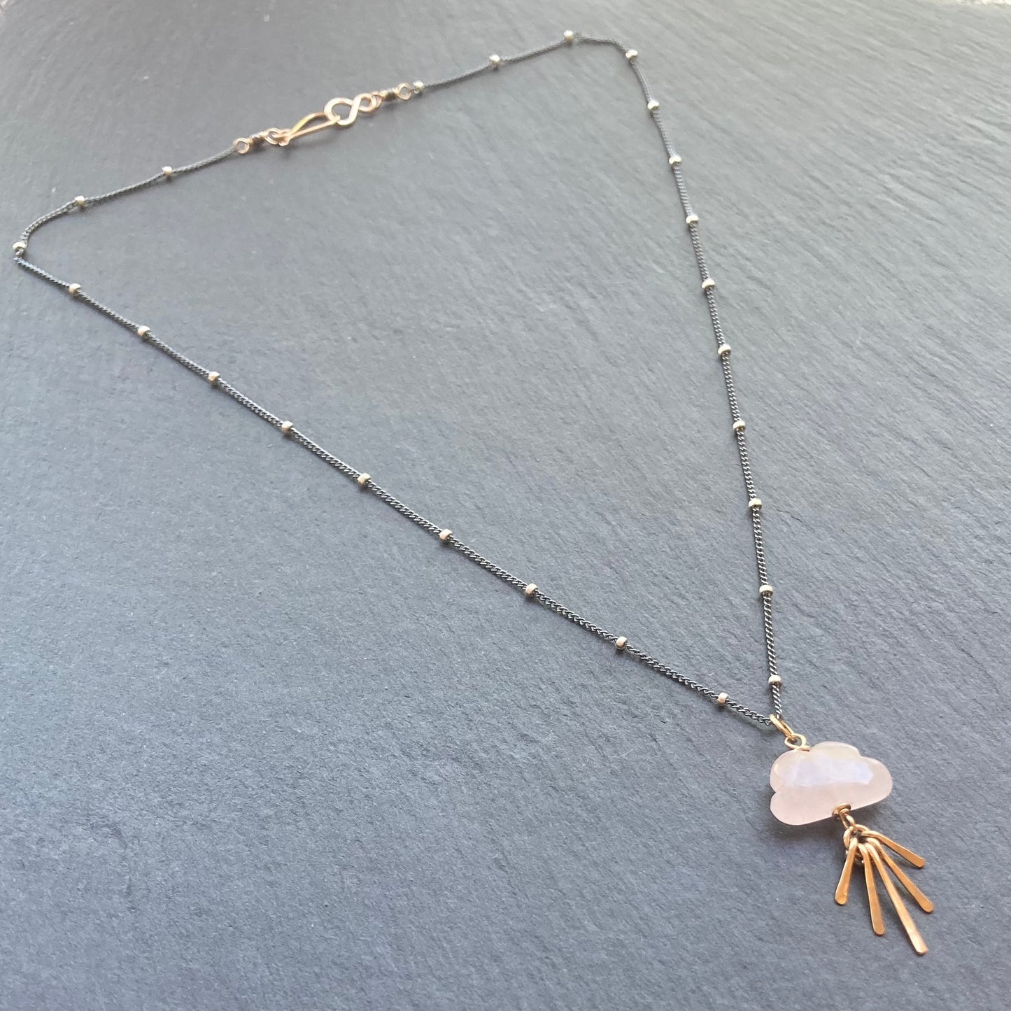 Rose Quartz & Mixed Metal Sunset Fringe Pendant Necklace