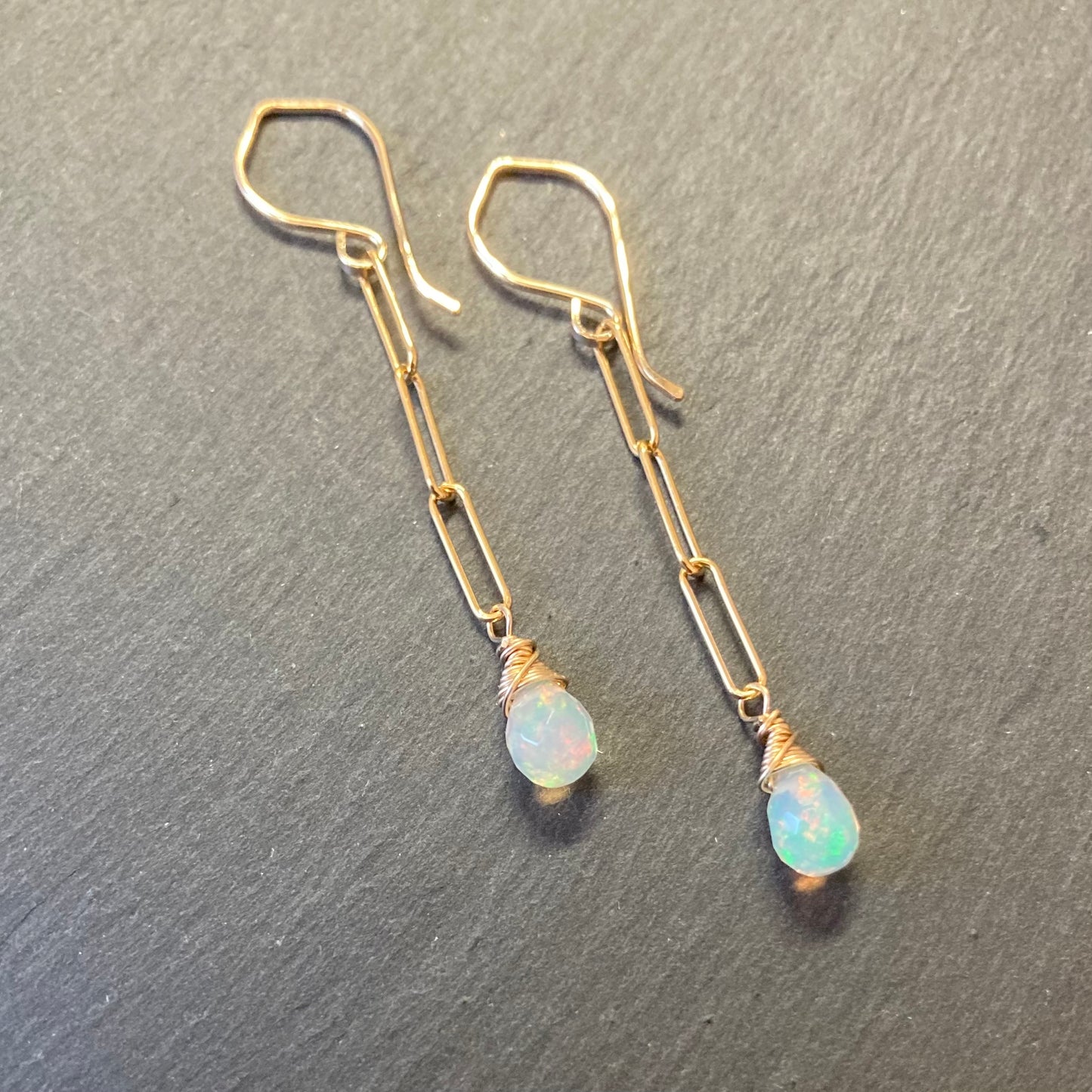 Ethiopian Opal & Gold Long Drop Earrings
