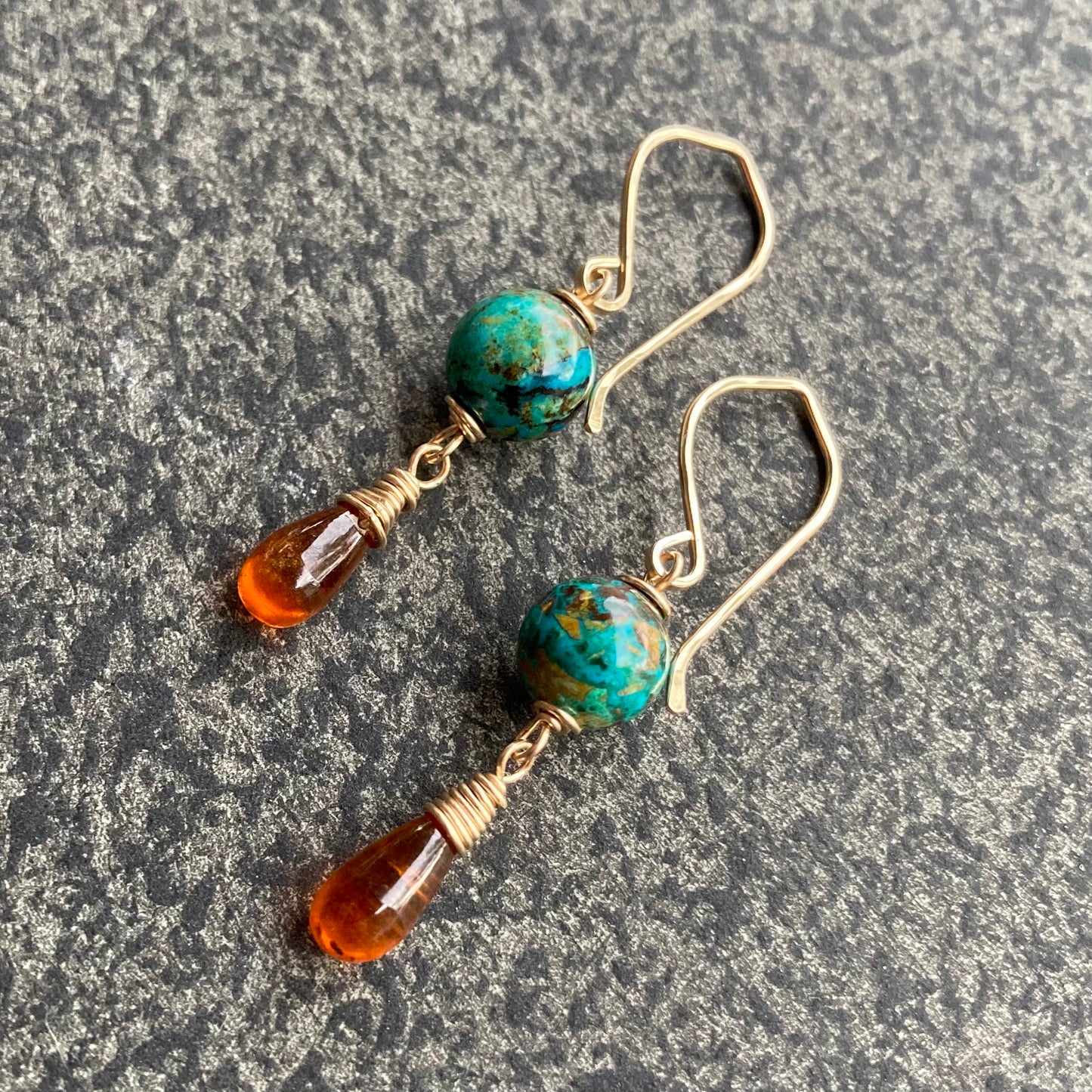 Chrysocolla, Orange Kyanite & Gold Earrings