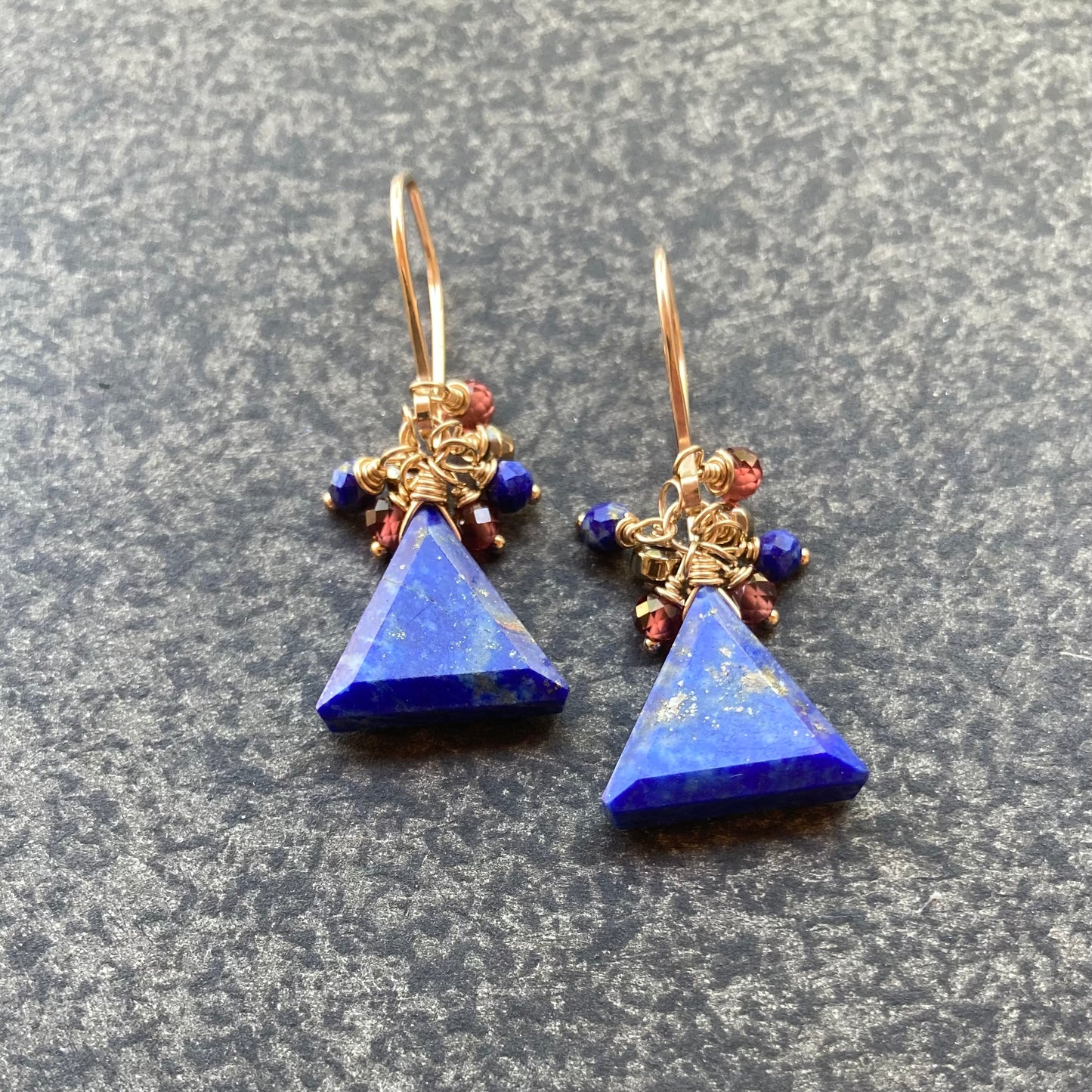 Lapis, Mozambique Garnet, Pyrite & Gold Triangle Cluster Earrings