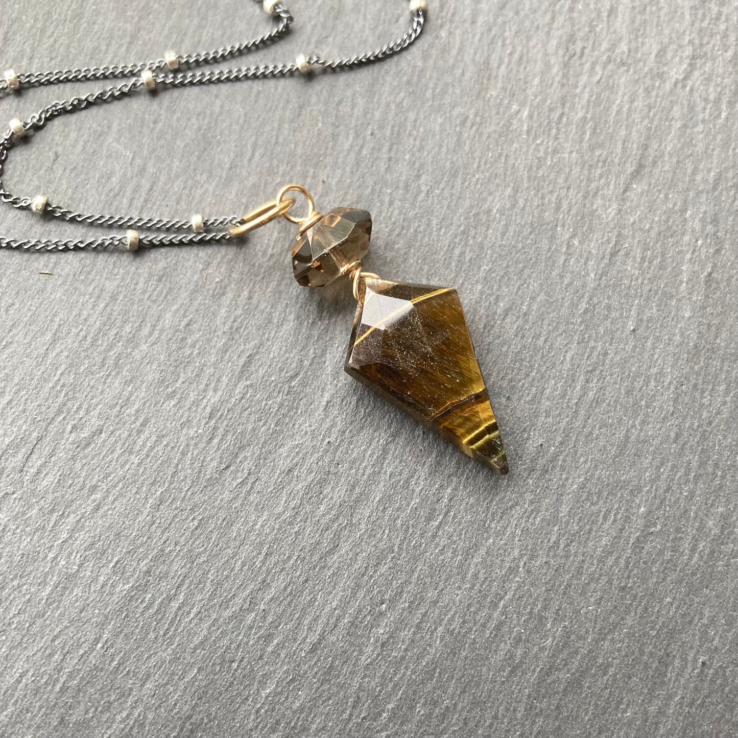Black Tiger Eye, Smoky Quartz & Mixed Metal Arrowhead Necklace