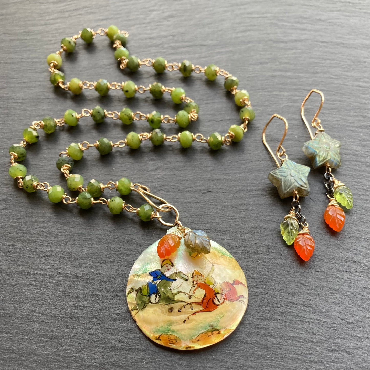 Nephrite Jade, Gold & Vintage Mother of Pearl Pendant Necklace