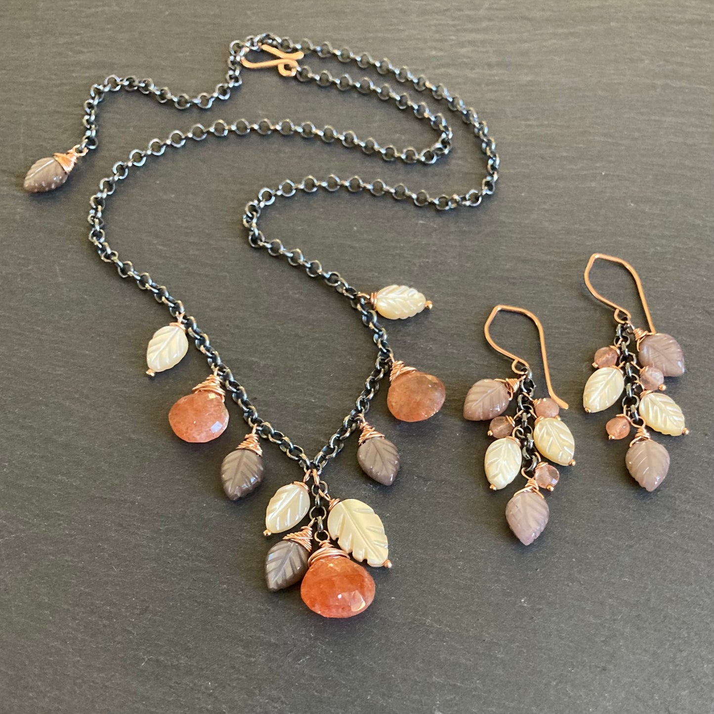 Chocolate Moonstone, Mother of Pearl & Mixed Metal Leaf Cascade Earrings