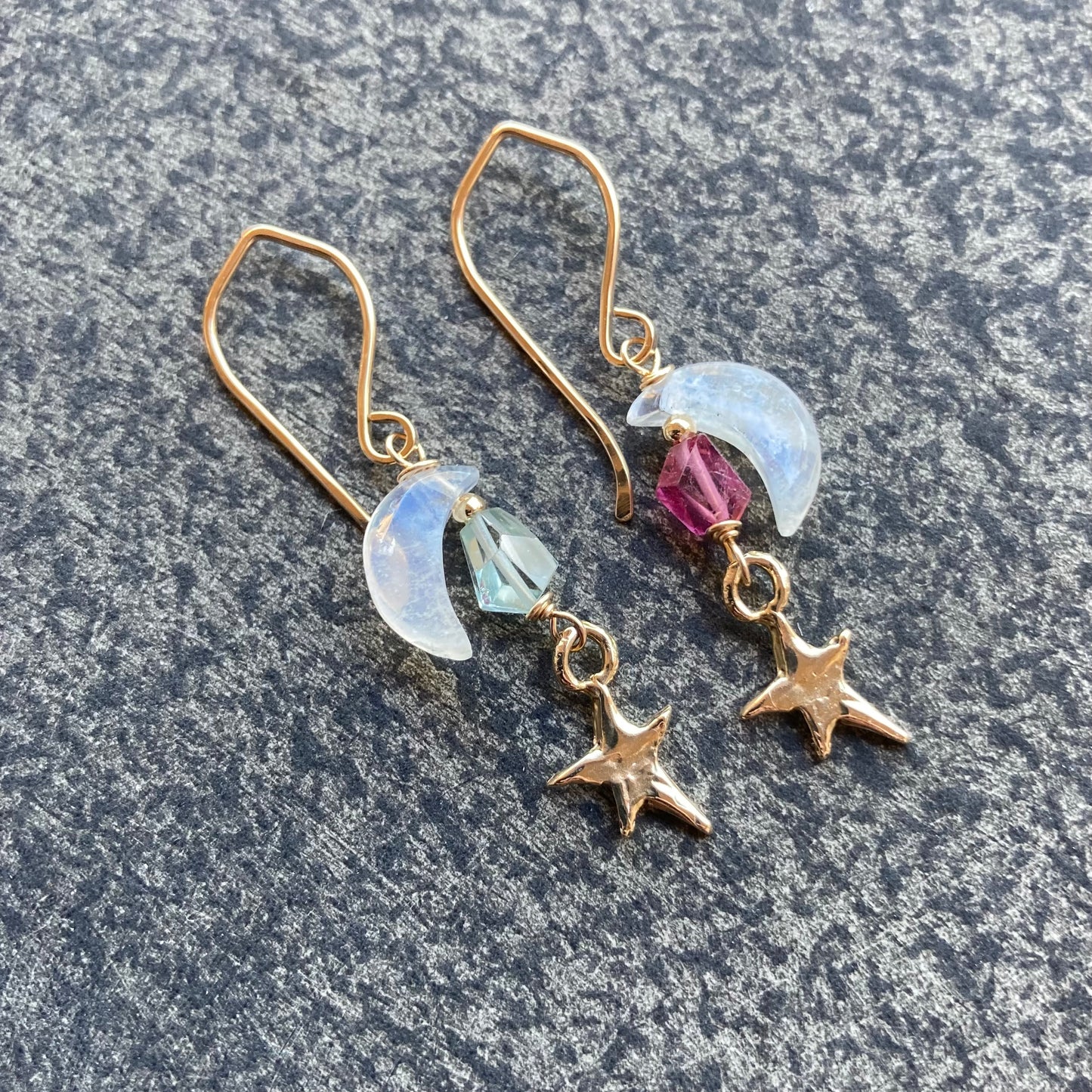 Rainbow Moonstone, Tourmaline, Gold & Bronze Falling Star Earrings