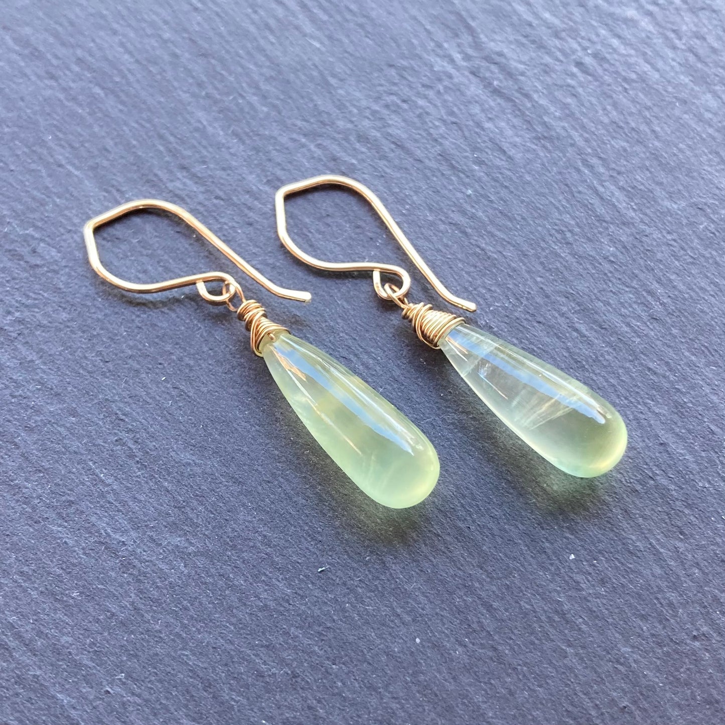 Prehnite & Gold Long Drop Earrings