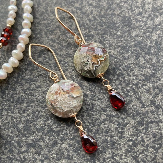 Crazy Lace Agate, Mozambique Garnet & Gold Earrings