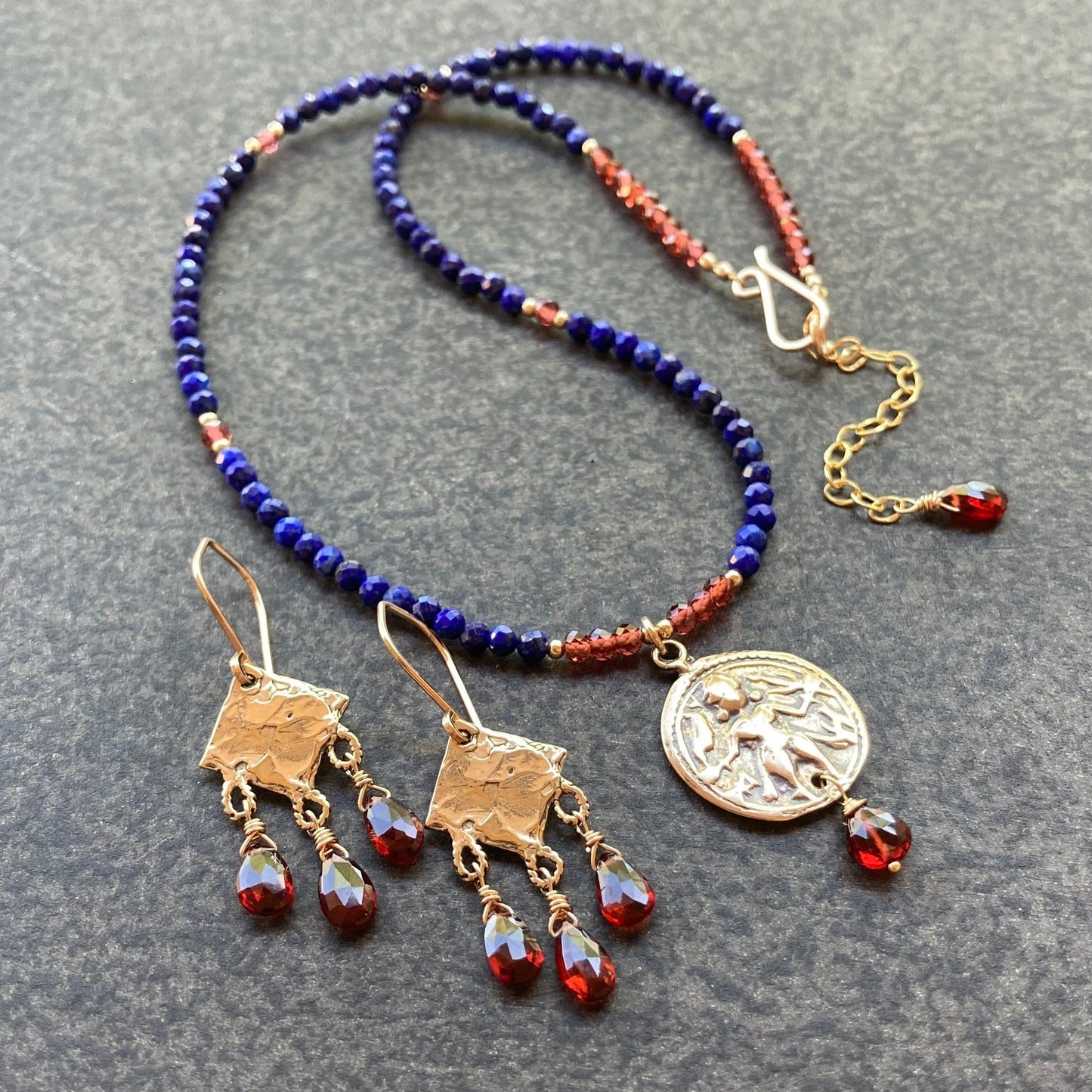 Mozambique Garnet, Gold & Bronze Chandelier Earrings