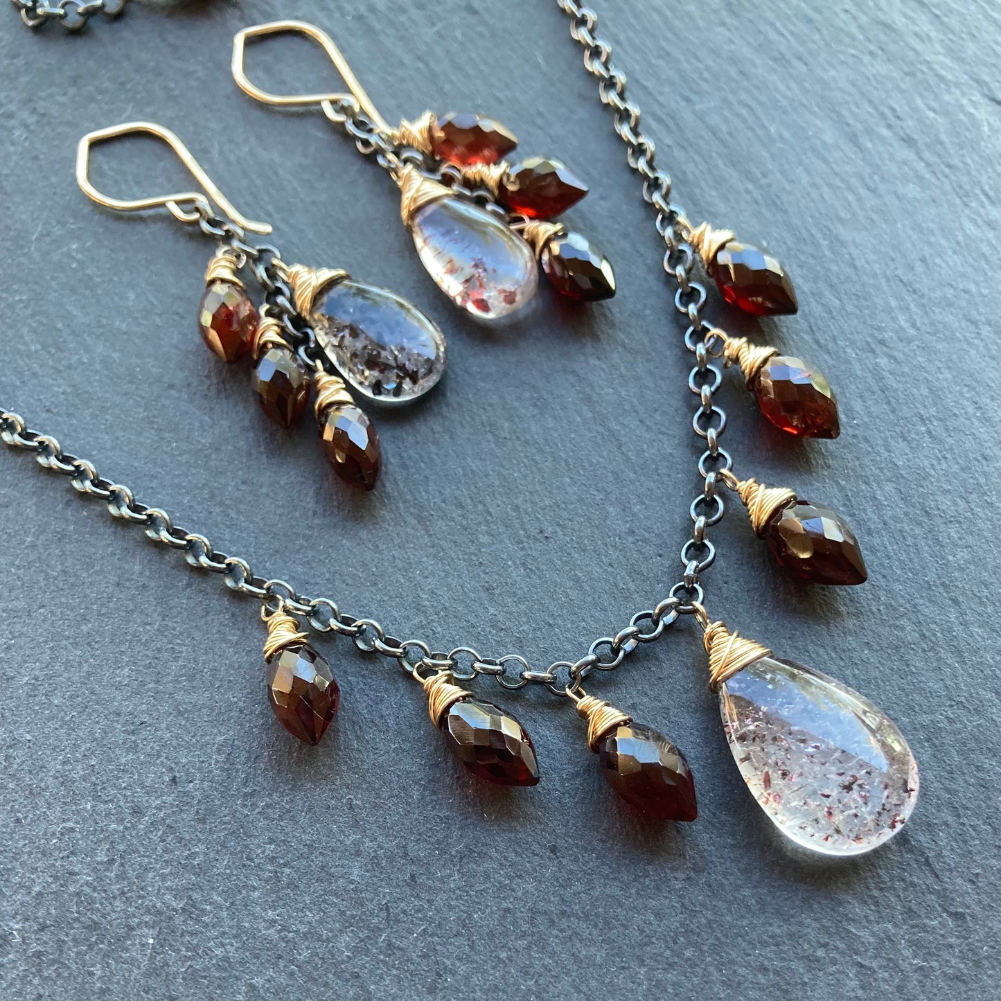 Lepidocrocite, Mozambique Garnet & Mixed Metal Cascade Earrings