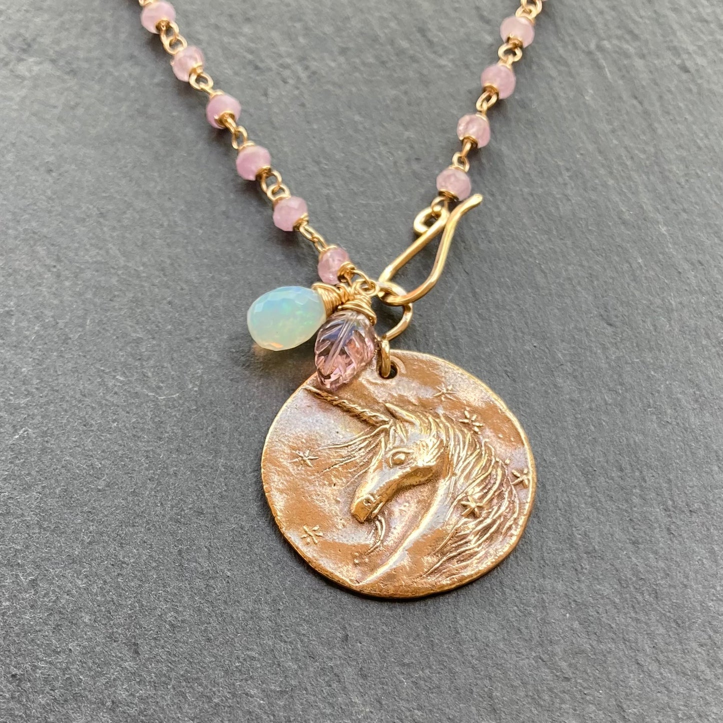 Kunzite, Gold & Bronze Unicorn Coin Necklace